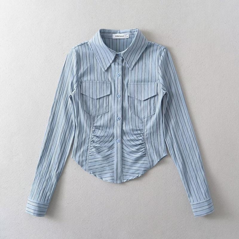 Long-Sleeve Collared Striped Ruched Shirt Product Image