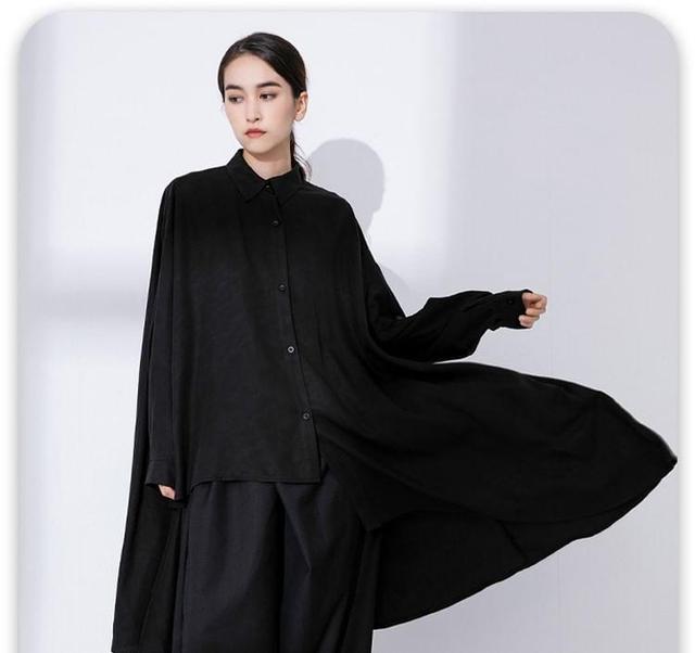 Long-Sleeve Plain Asymmetrical Button-Up High Low Tunic Shirt Product Image