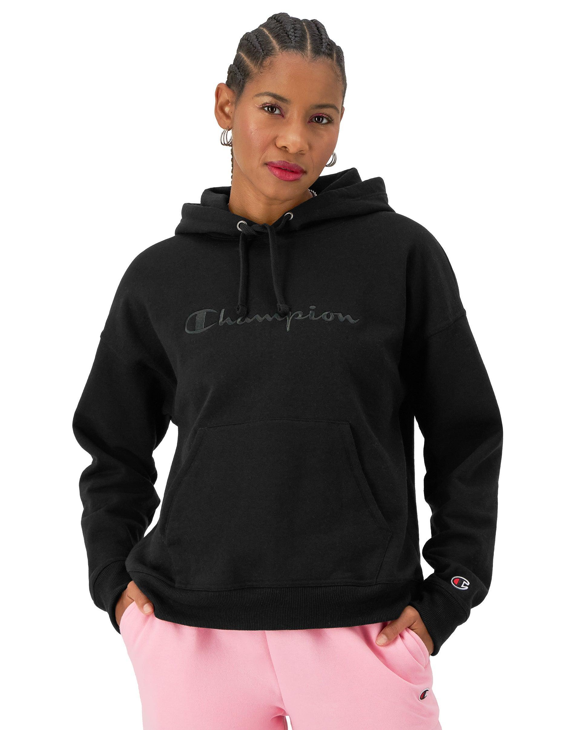 Womens Champion Powerblend Hoodie, Relaxed, Full Embroidered Script Logo Marzipan Pink L Product Image