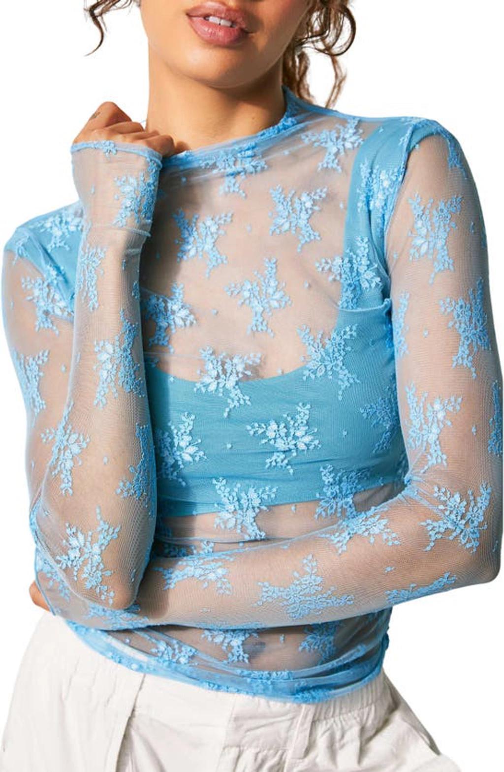 Lady Lux Floral Mesh Layering Top In Blue Product Image