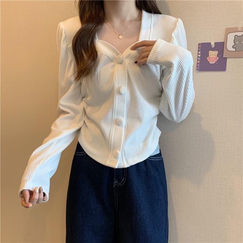 Long-Sleeve Plain Button-Up Ribbed Knit Top Product Image