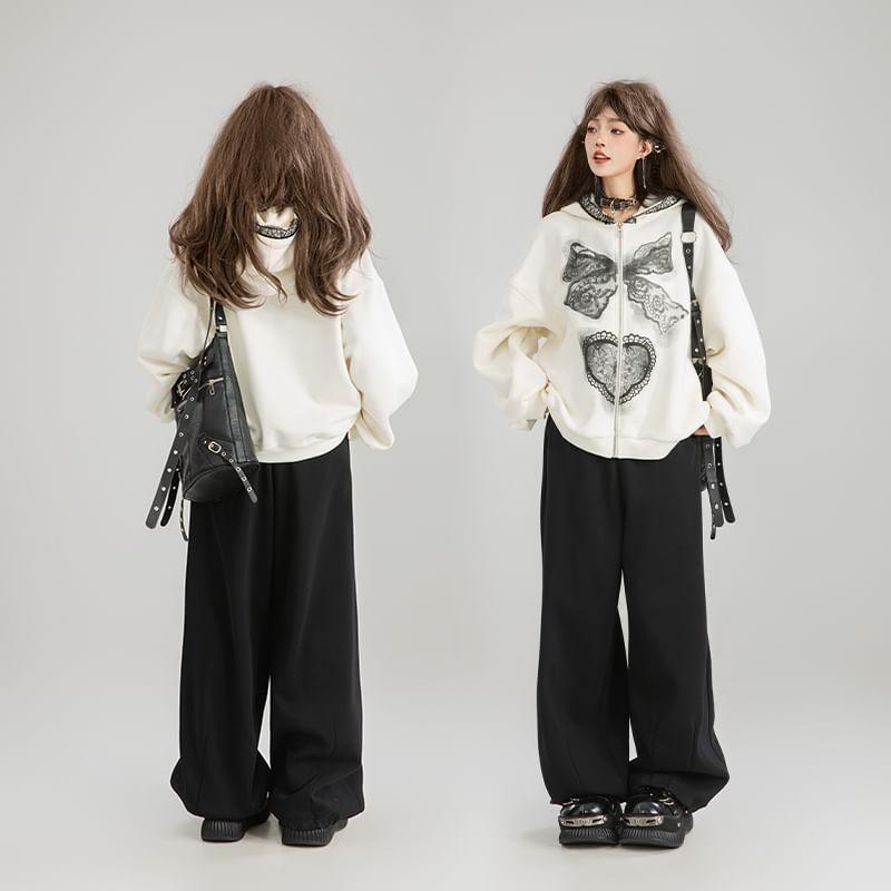 Drop Shoulder Bow Print Oversized Zip Hoodie / Mid Waist Fringe Midi A-Line Skirt Product Image