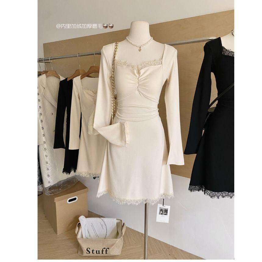 Long Sleeve Square Neck Plain Ruched Lace Trimmed Mini A-Line Dress Product Image