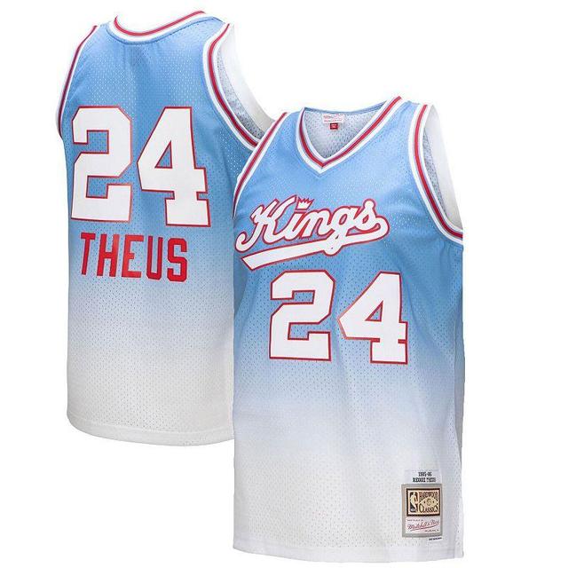 Mens Mitchell & Ness Reggie Theus White/Light Blue Sacramento Kings 1985/86 Hardwood Classics Fadeaway Swingman Player Jersey Product Image