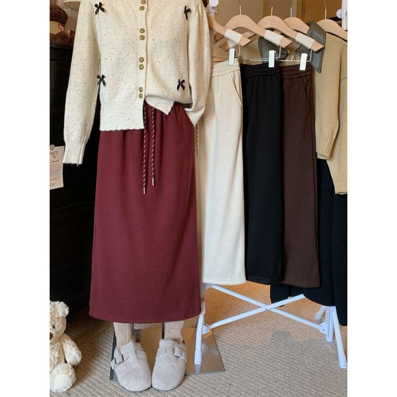 High-Rise Drawstring Plain Midi Skirt Product Image