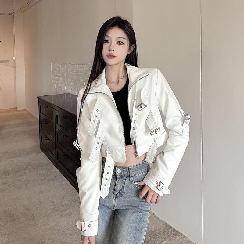 Stand Collar Plain Buckled Zip-Up Faux Leather Crop Jacket Product Image