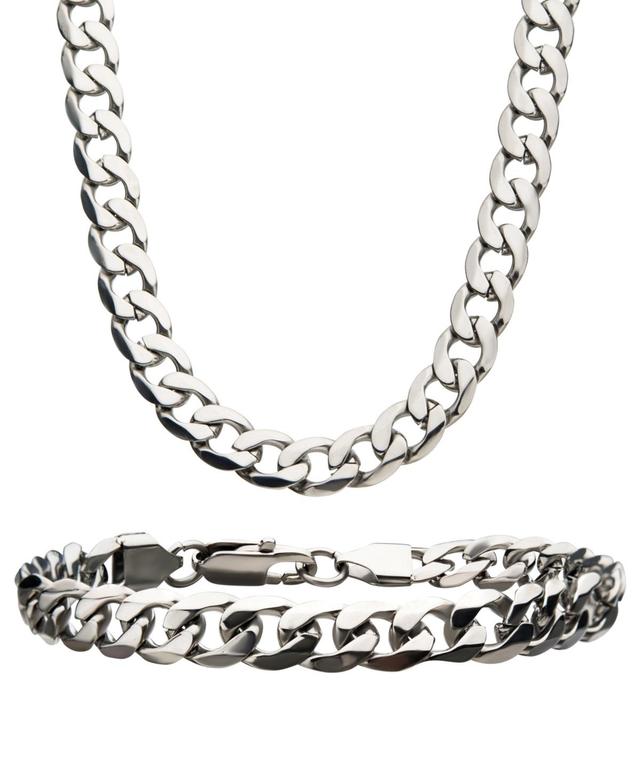 Mens Stainless Steel Curb Chain Necklace & Bracelet Set, Silver Product Image