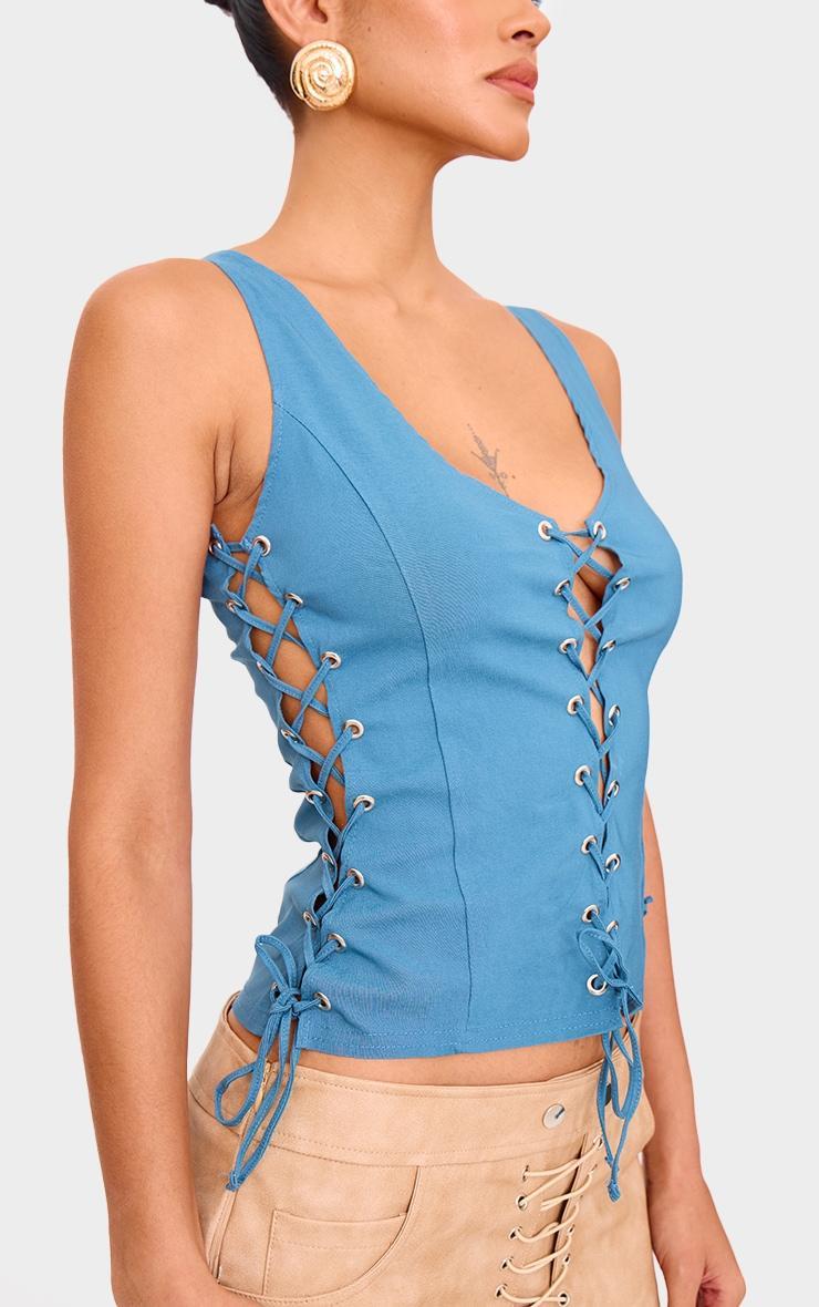 Dark Blue Stretch Woven Lace Up Long Top Product Image