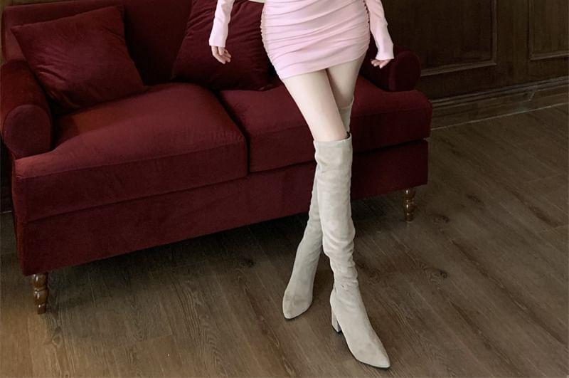 Long Sleeve Mock Neck Plain Ruched Mini Bodycon Dress Product Image