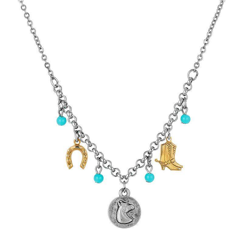 1928 Two-Tone Simulated Turquoise Beads Horse Charm Necklace, Womens Product Image