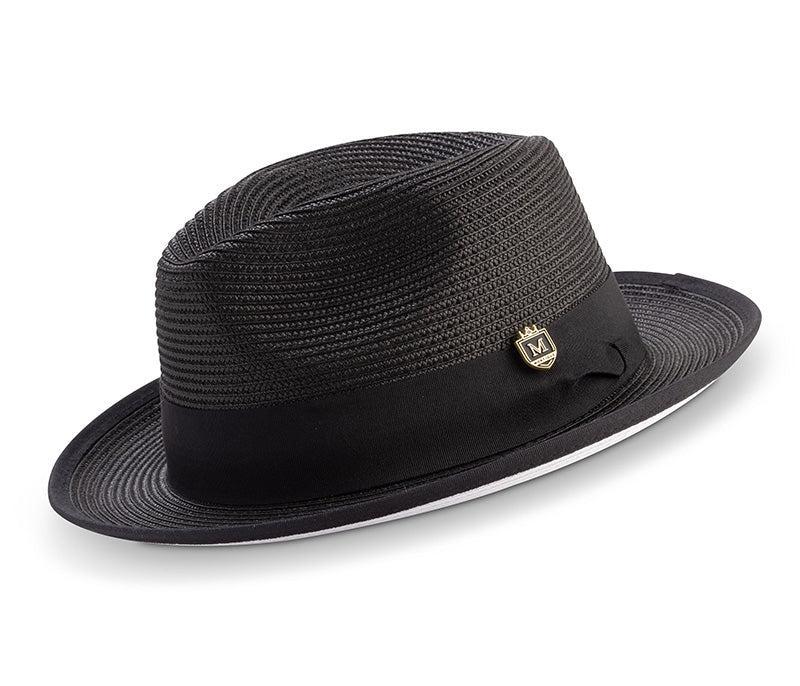 Black Wide Brim Braided Pinch Fedora Hat with White Bottom Product Image