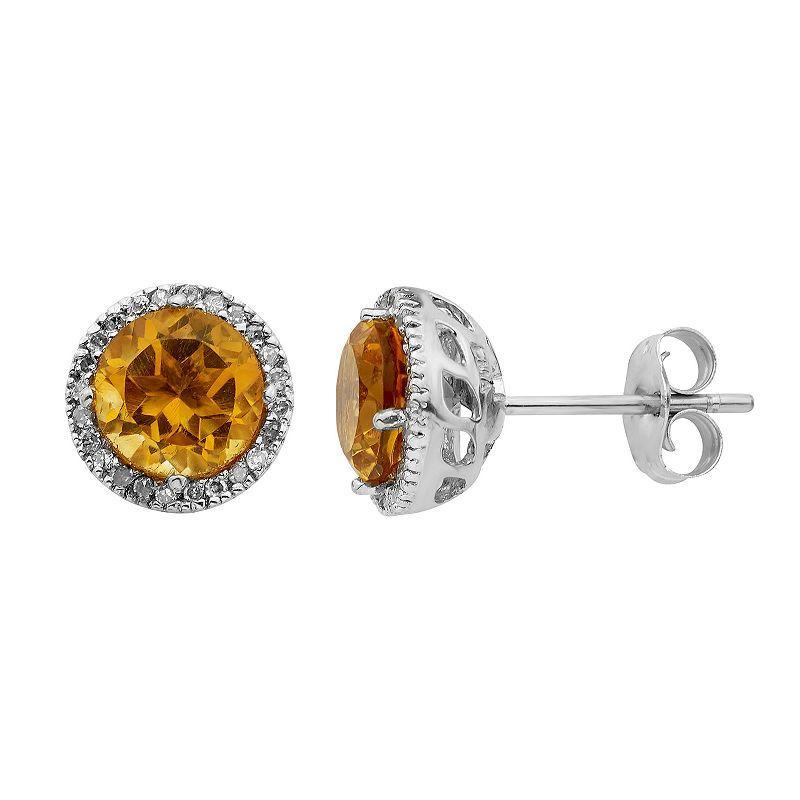 Citrine 10K Gold and 1/8 Carat T.W. Diamond Round-Cut Halo Stud Earrings, Womens, White Product Image