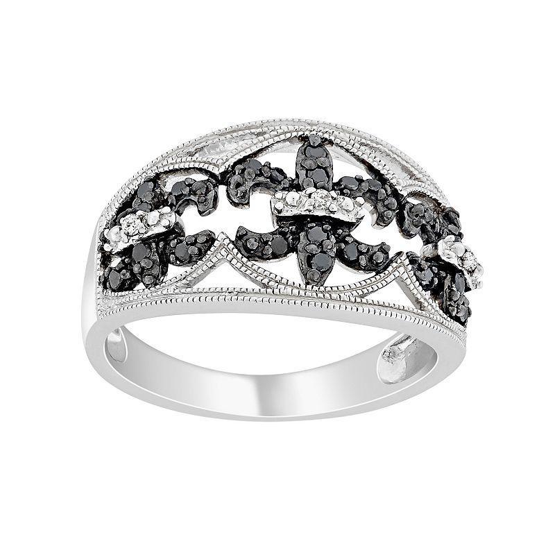 Stella Grace Sterling Silver 1/4-ct. T.W. Black and White Diamond Fleur-de-Lis Ring, Womens Product Image