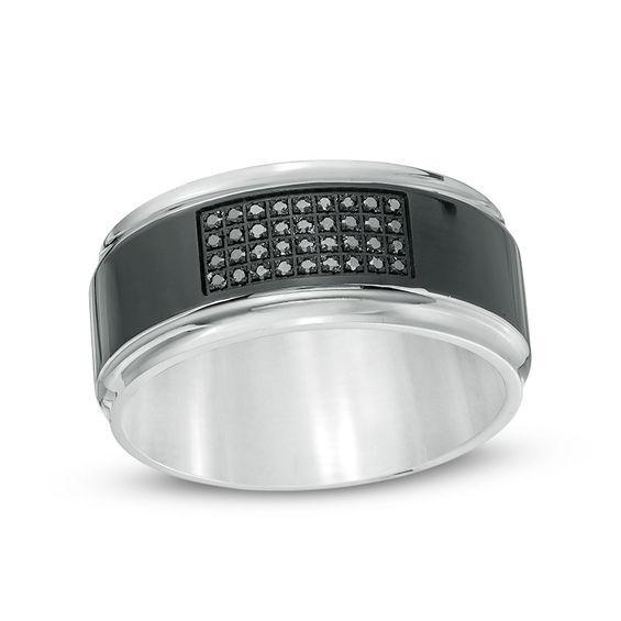 Men's 1/8 CT. T.w. Black Diamond Stepped Edge Wedding Band in Stainless Steel with Black IP Product Image