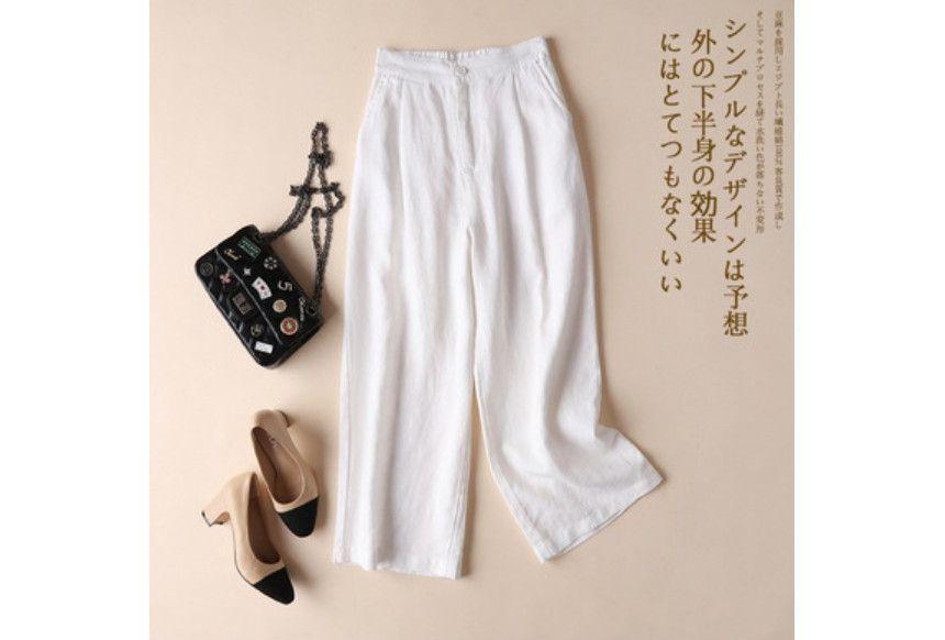 Elastic Waist Plain Linen Crop Wide Leg Pants Product Image