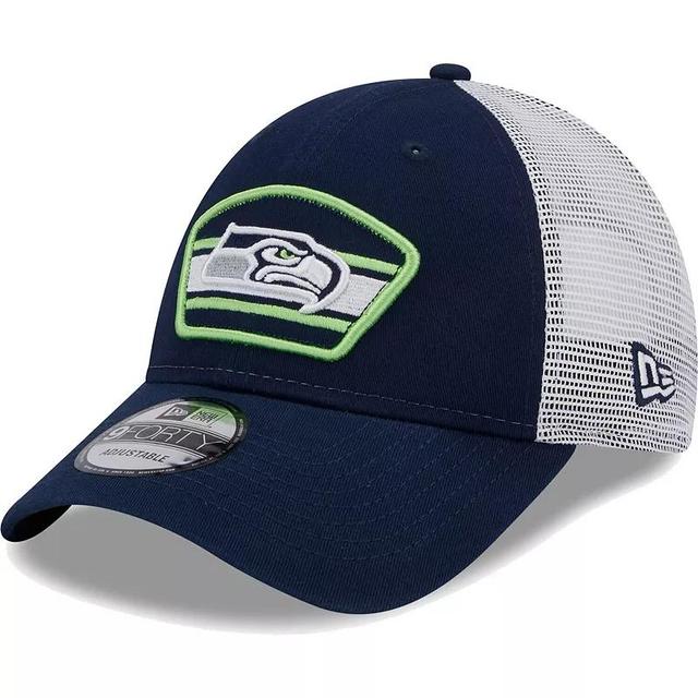 Mens New Era College /White Seattle Seahawks Logo Patch Trucker 9FORTY Snapback Hat, Blue Product Image