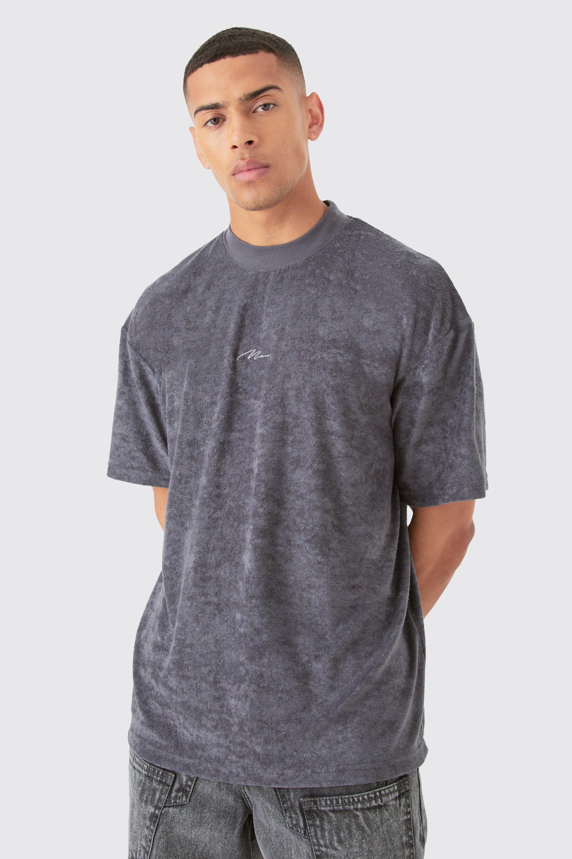 Oversized Extended Neck Towelling Man Signature T-shirt | boohooMAN USA Product Image