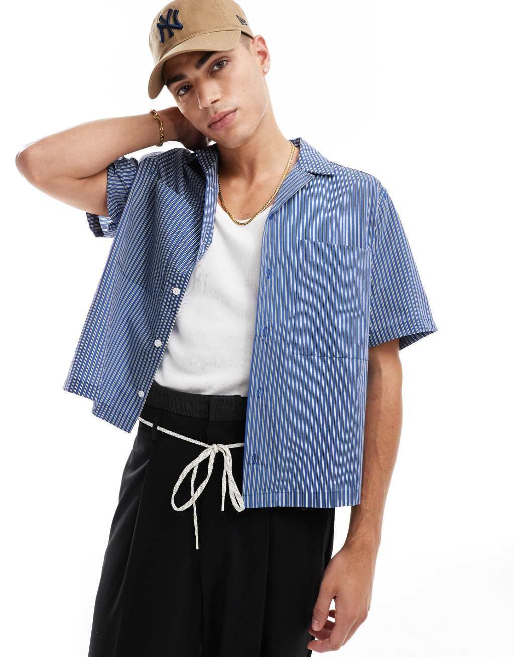 ASOS DESIGN relaxed boxy shirt with front pockets in blue stripe Product Image