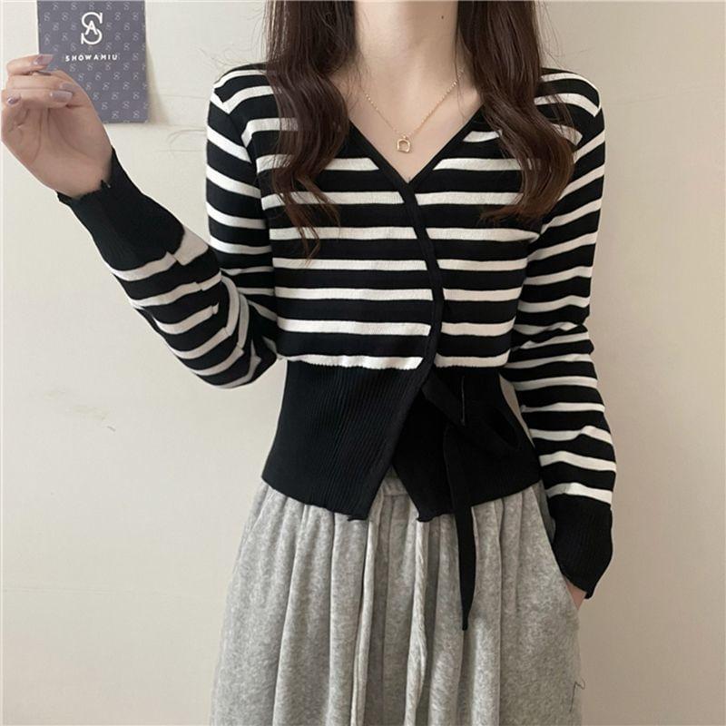 V-Neck Striped Wrap Sweater Product Image