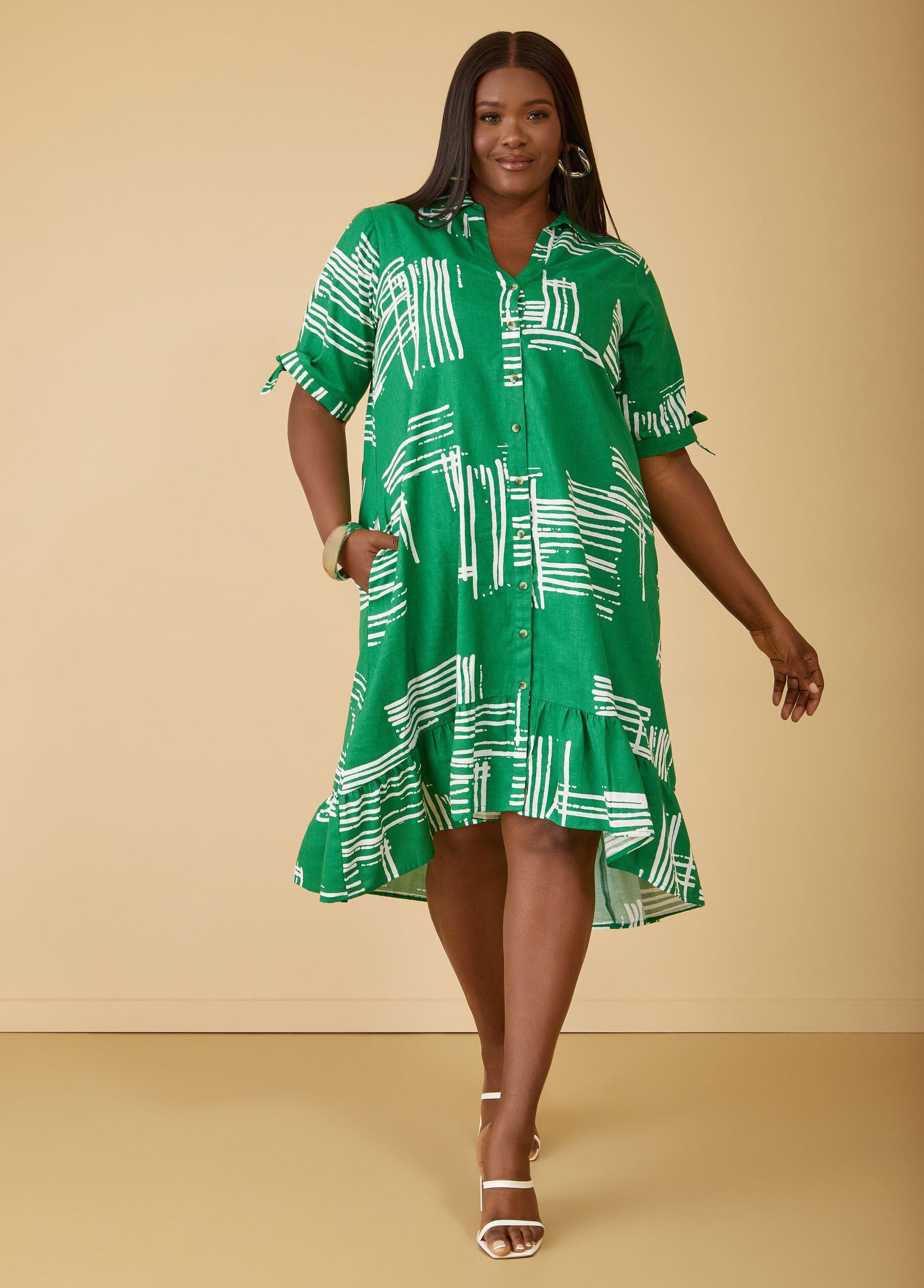 Plus Size Printed Linen Blend Hi Low Dress, - Ashley Stewart Product Image