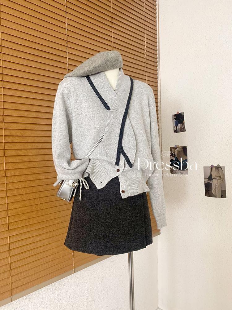 Set: Round Neck Plain Cardigan + Contrast Trim Scarf Product Image