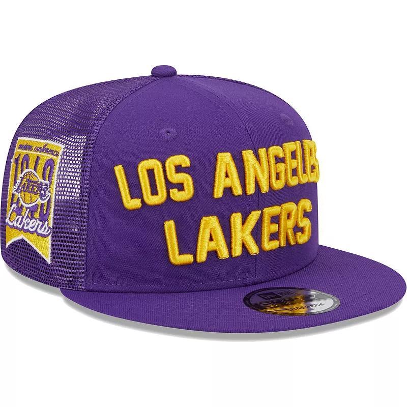 Mens New Era Los Angeles Lakers Stacked Script 9FIFTY Trucker Snapback Hat Product Image