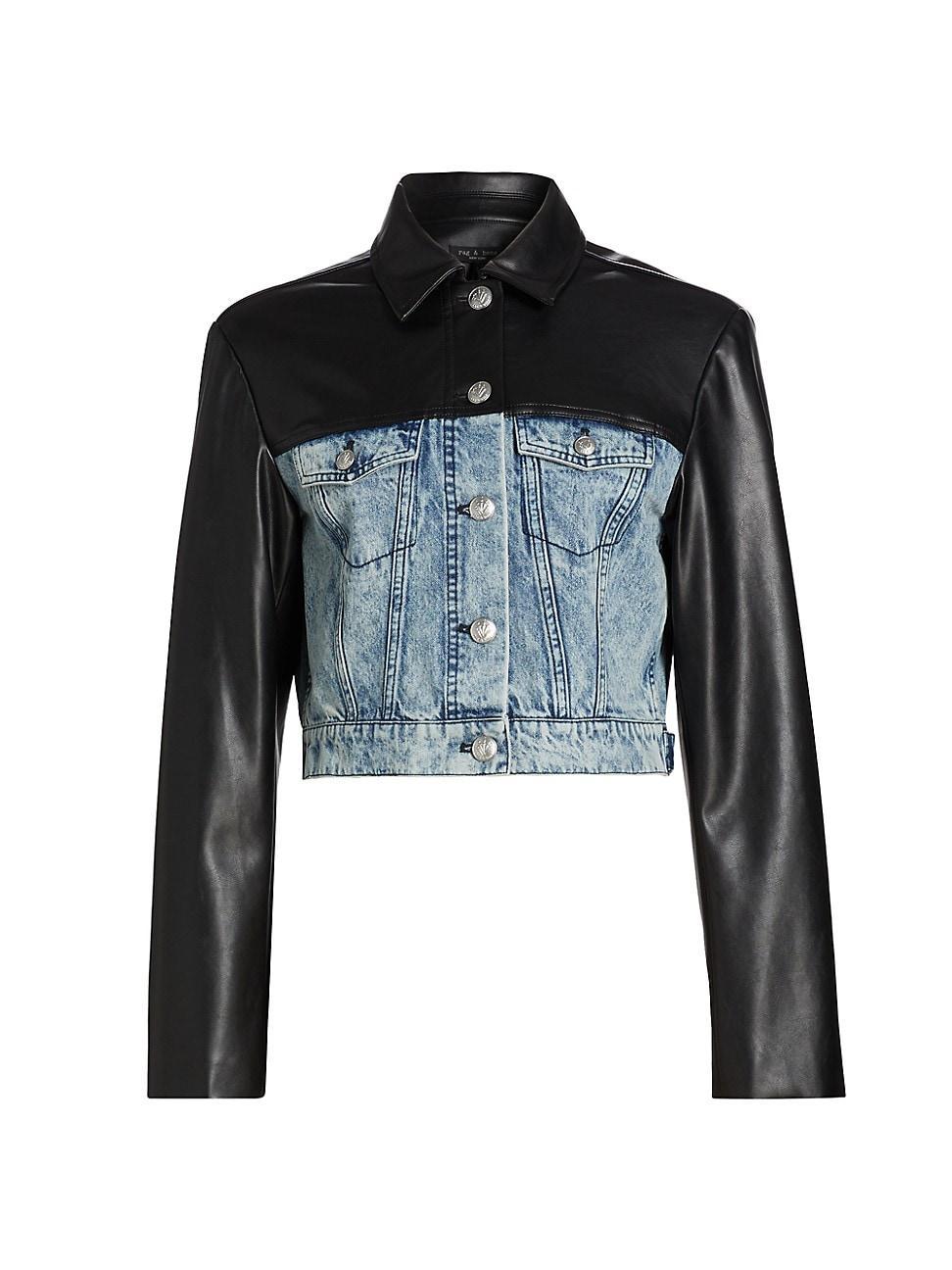 Womens Alexa Denim & Faux Leather Crop Jacket Product Image