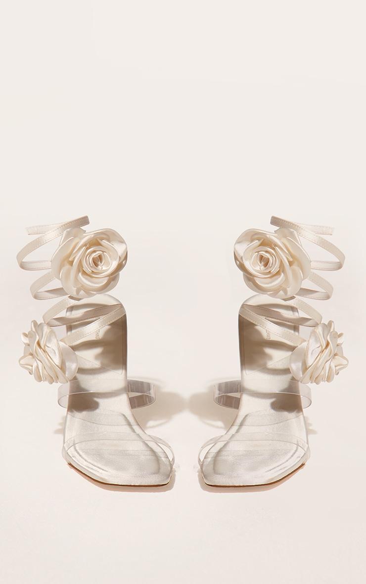 Cream Satin Square Toe Rose Spiral Strap High Heeled Sandals product image