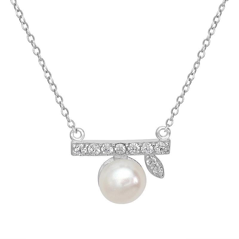 Gemistry Sterling Silver Cubic Zirconia & Freshwater Cultured Pearl Leaf Stick Necklace, Womens Product Image