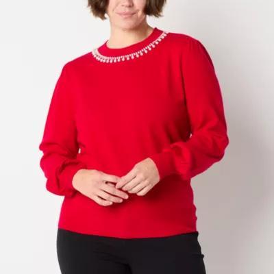 Liz Claiborne Womens Crew Neck Embellished Long Sleeve Pullover Sweater Product Image