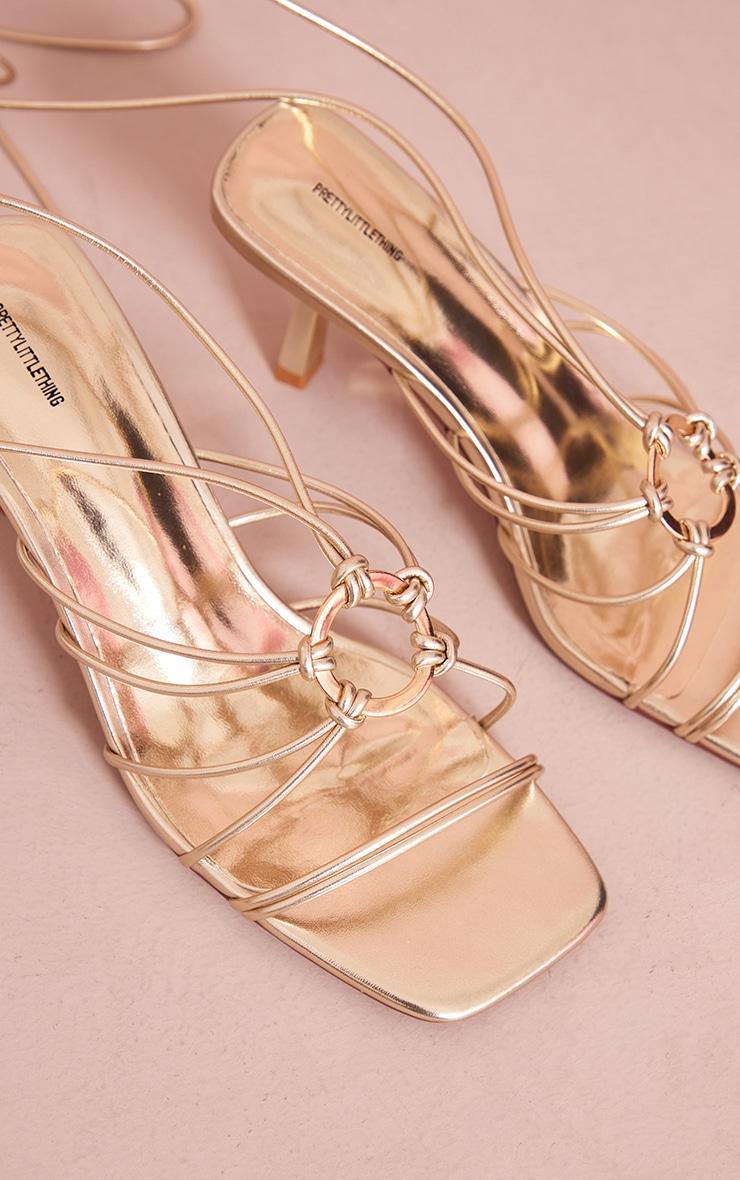 Gold PU Square Toe Ring Detail Lace Up Low Heeled Sandals Product Image