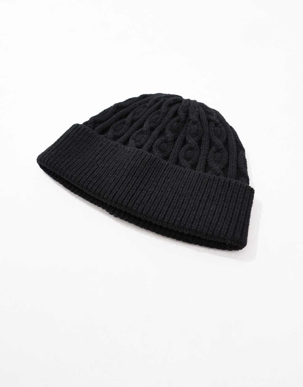 ASOS DESIGN cable knit mini fisherman beanie in black Product Image