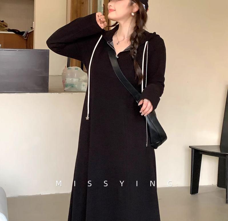 Long Sleeve Plain Hood Half Zip Midi A-Line Dress Product Image