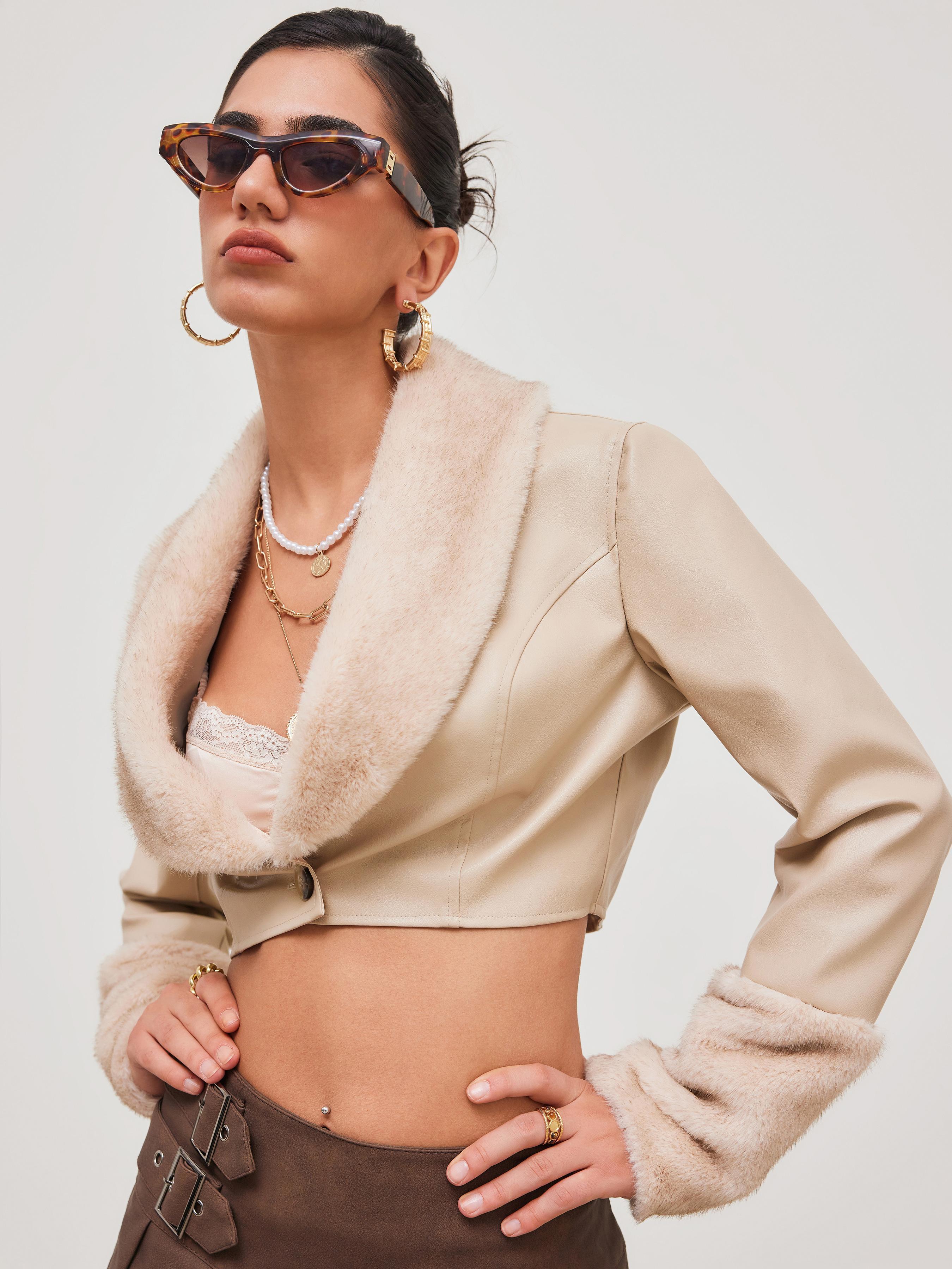 Faux Leather Solid Button Crop Jacket With Faux Fur Collar Product Image