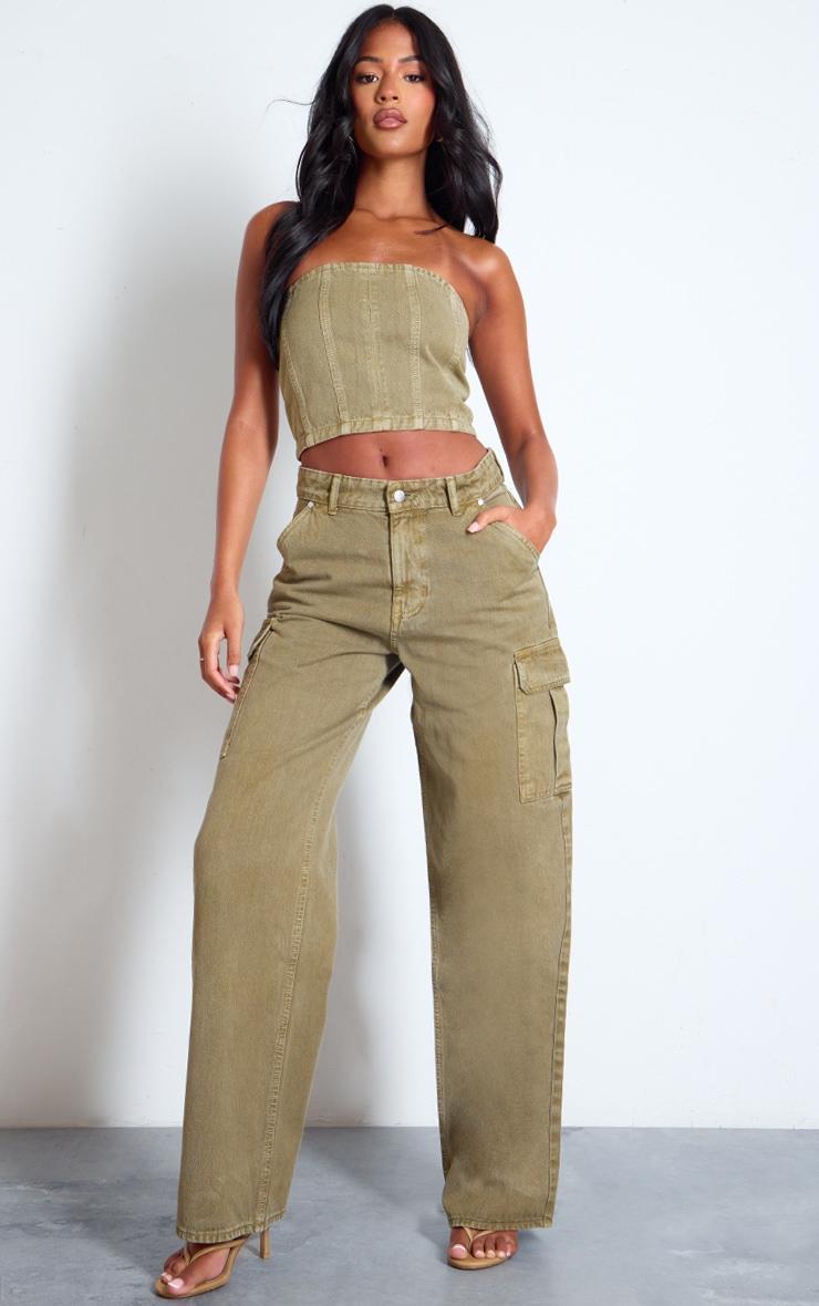 Tall Washed Khaki Low Rise Wide Leg Cargo Jeans Product Image