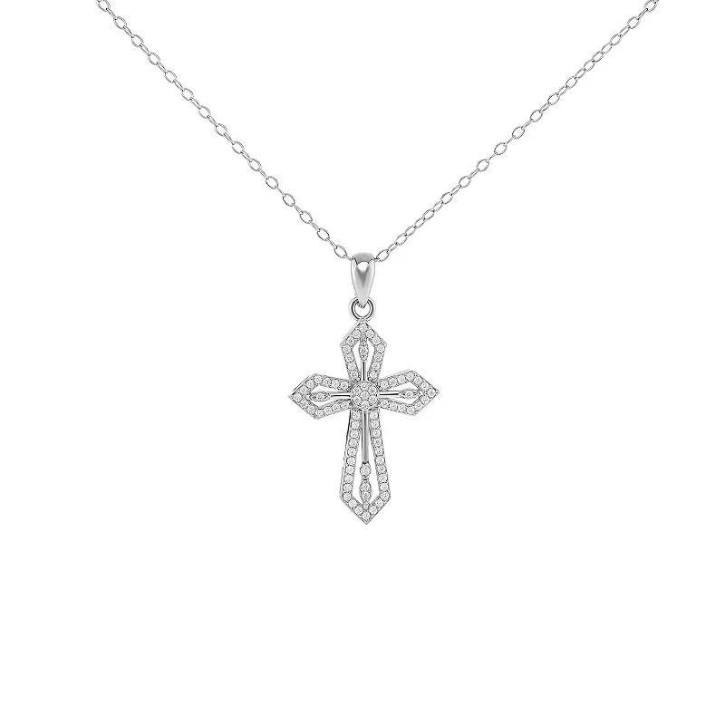 PRIMROSE Sterling Silver Cubic Zirconia Textured Cross Pendant Necklace, Womens Sterling Silver White Product Image