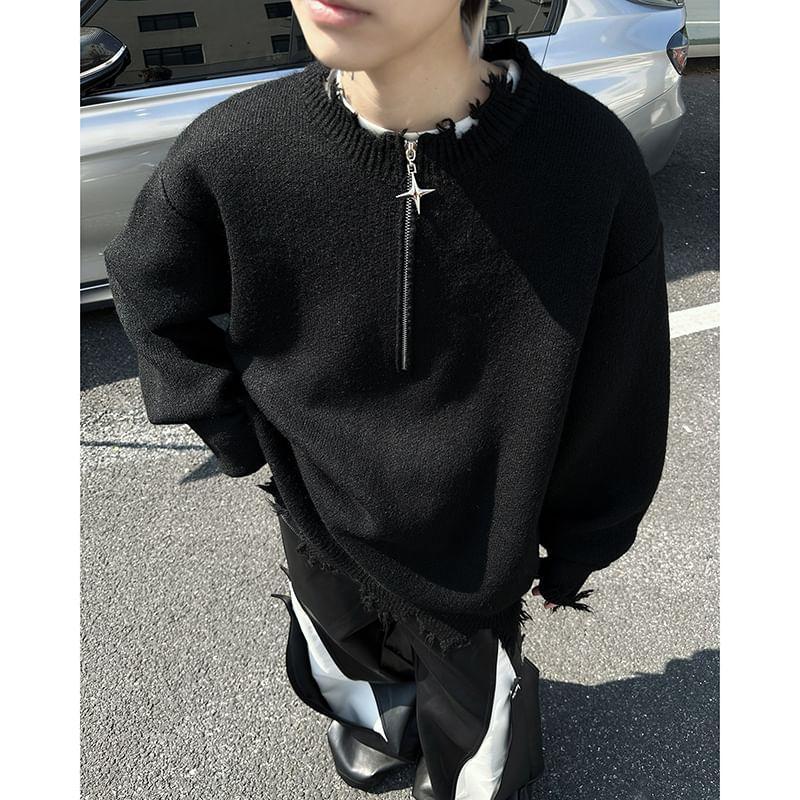 Long-Sleeve Frayed Half-Zip Sweater Product Image