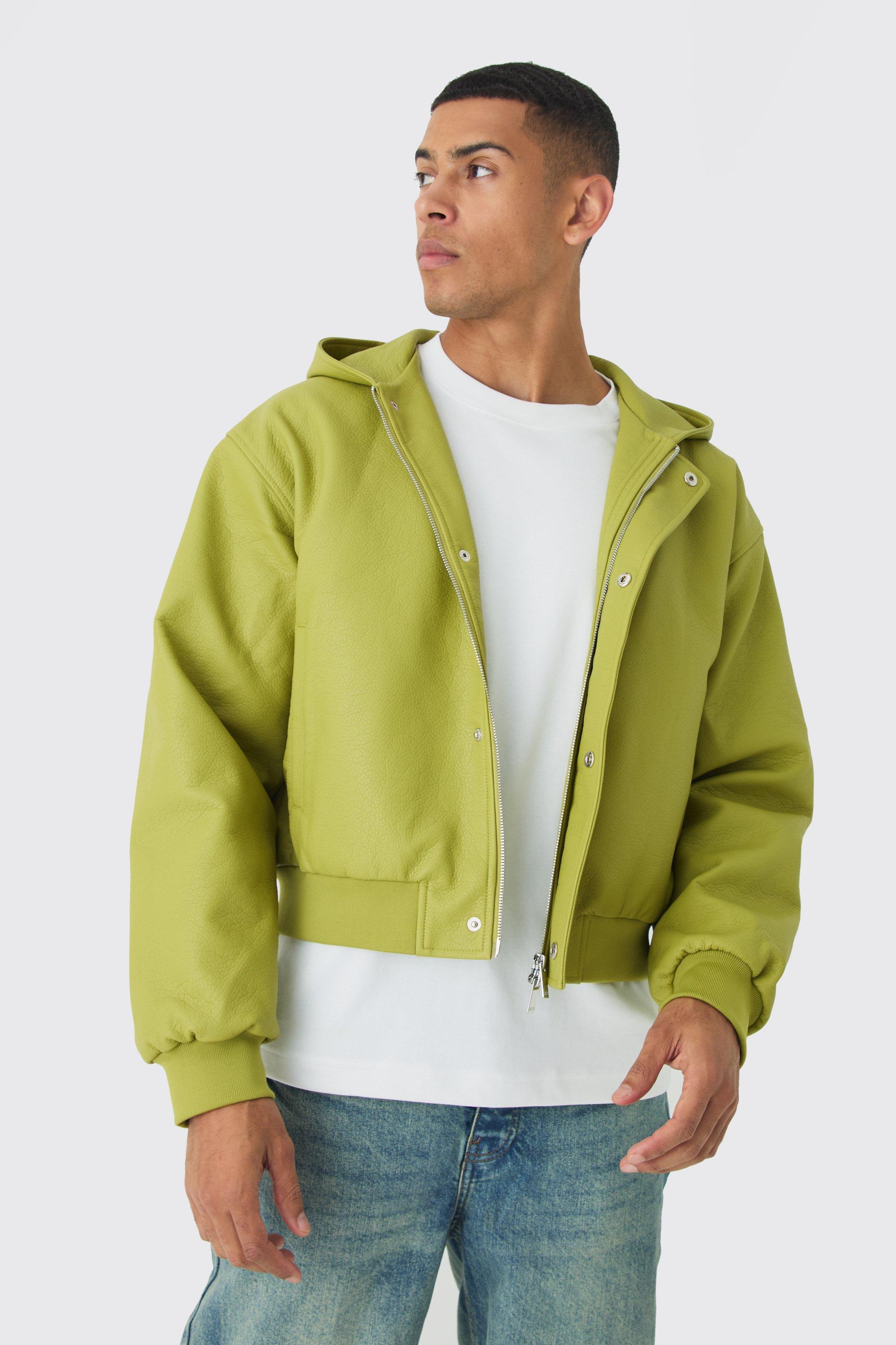 Boxy Hooded Pu Bomber Jacket In Lime | boohooMAN USA product image