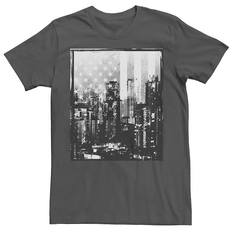 Mens City Skyline USA Flag Distressed Graphic Tee Grey Product Image