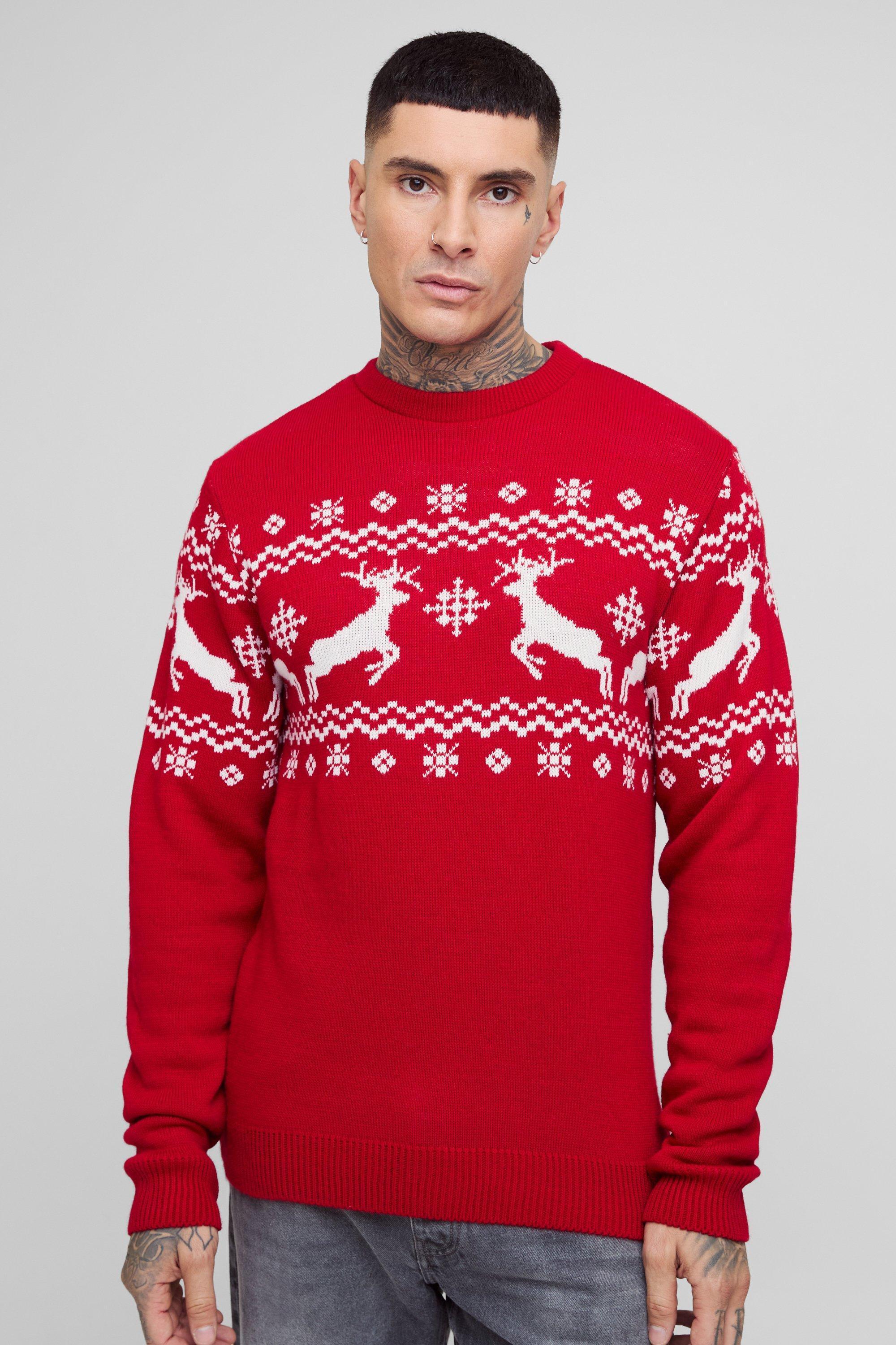 Tall Reindeer Fairisle Panel Christmas Sweater | boohooMAN USA Product Image