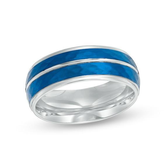 Men's 8.0mm Hammered Double Stripe Wedding Band in White and Blue IP Stainless Steel Product Image