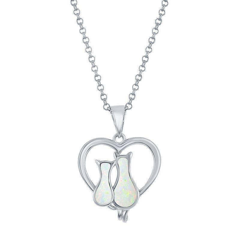 Sterling Silver Lab-Created White Opal Cats In Heart Necklace, Womens Product Image