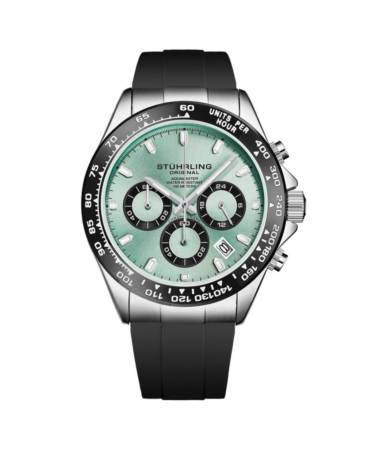 Stuhrling 4050 Mens Quartz Chronograph, Alloy Silver Case, Green Dial Bezel,black rubber strap Watch - Black Product Image