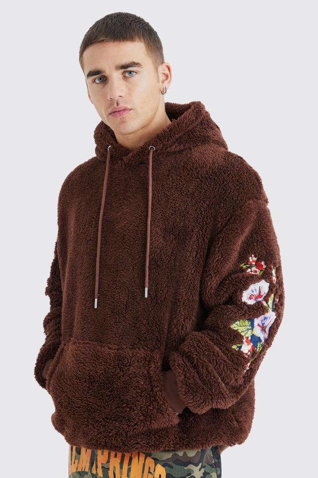 Mens Brown Oversized Borg Hoodie With Floral Embroidery, Brown Product Image