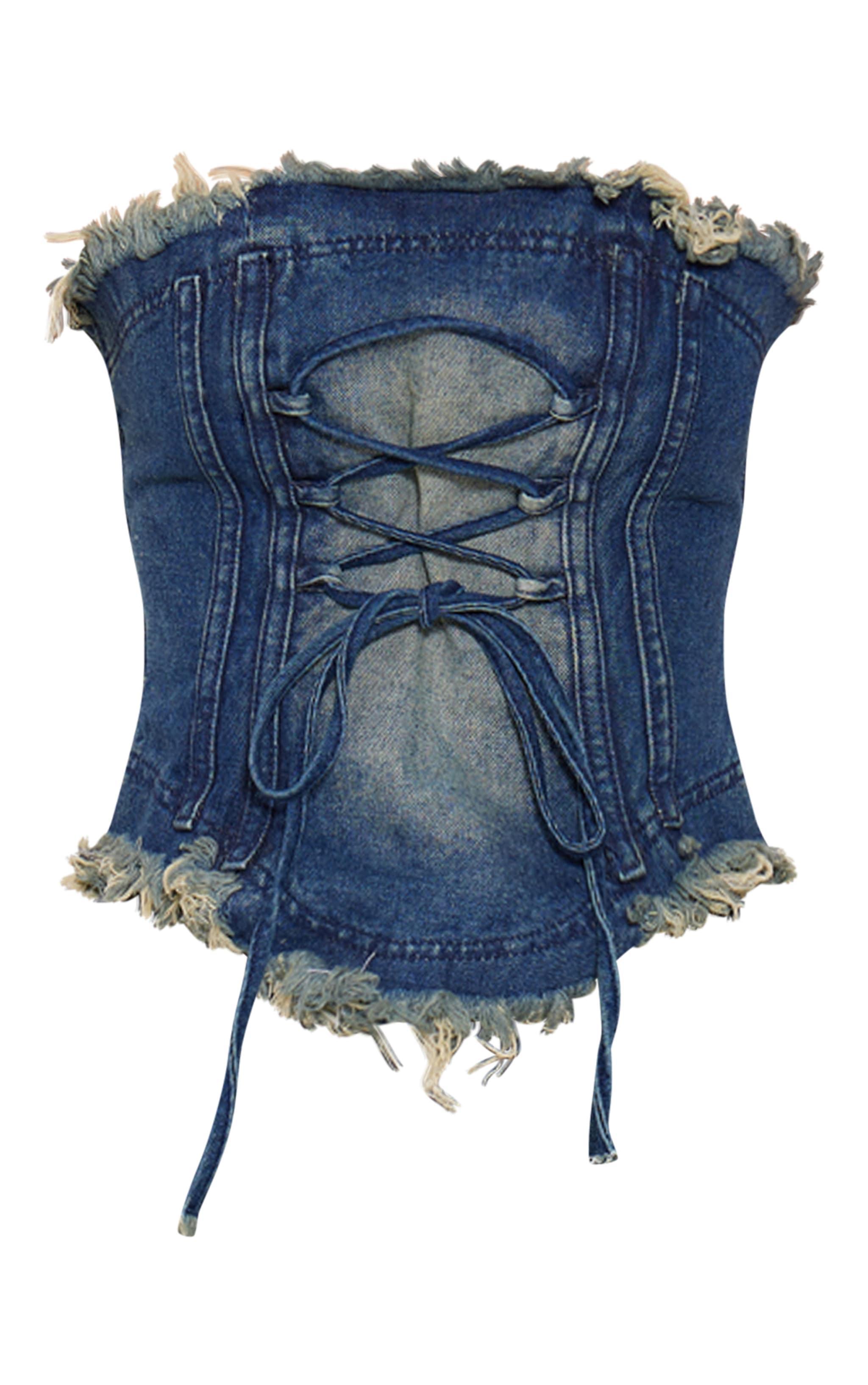 Petite Indigo Blue Wash Frayed Hem Denim Corset Product Image