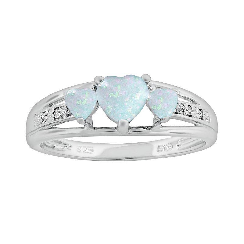 Gemminded Sterling Silver Lab-Created Opal and Diamond Accent Heart 3-Stone Ring, Womens White Product Image