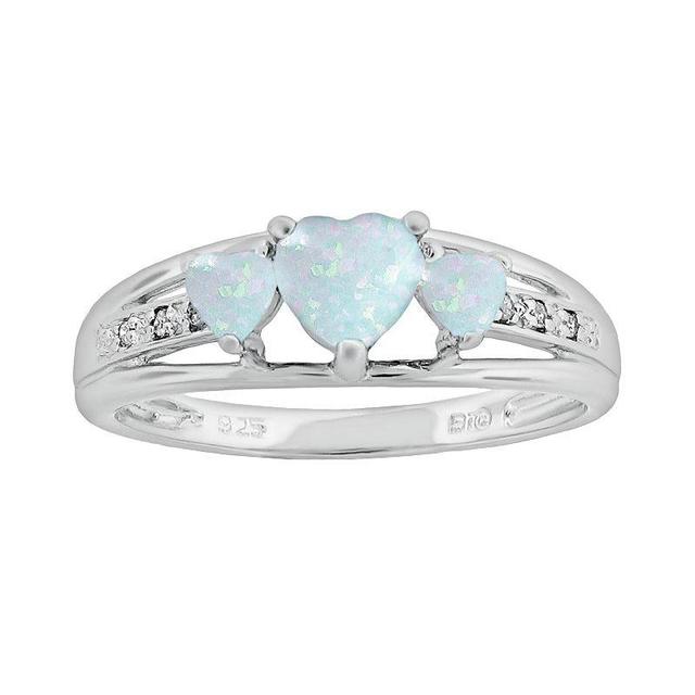 Gemminded Sterling Silver Lab-Created Opal and Diamond Accent Heart 3-Stone Ring, Womens White Product Image