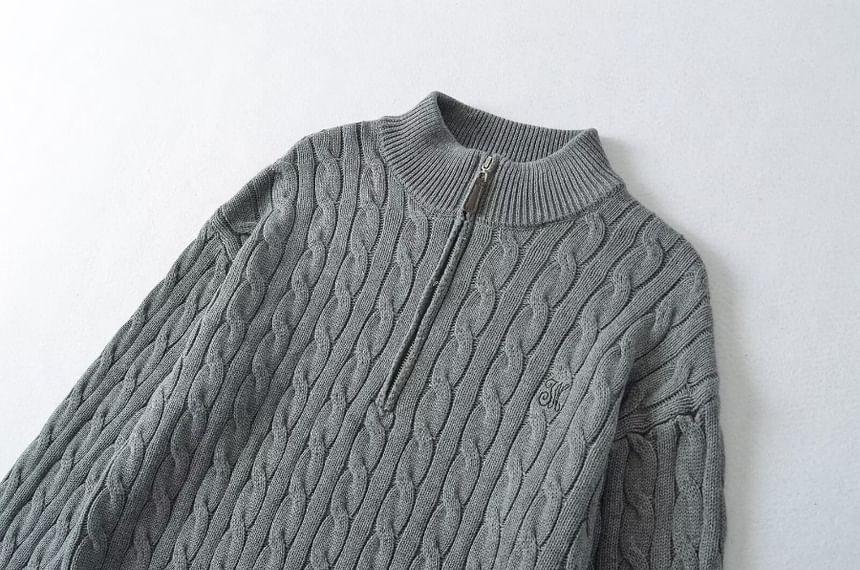 Stand Collar Half Zip Plain Cable Knit Sweater Product Image