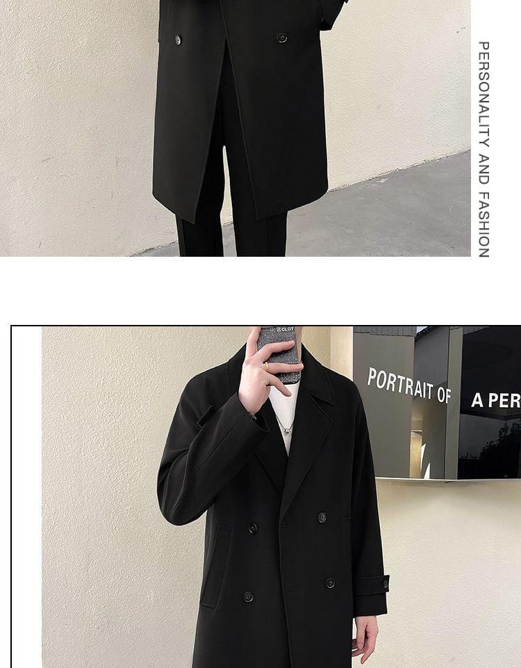 Notch Lapel Plain Double-Breasted Long Trench Coat Product Image