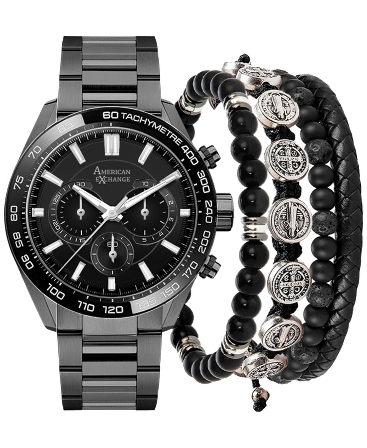 Mens Gunmetal Tone Chronograph Watch & 3-Piece Bracelet Set Grey Product Image